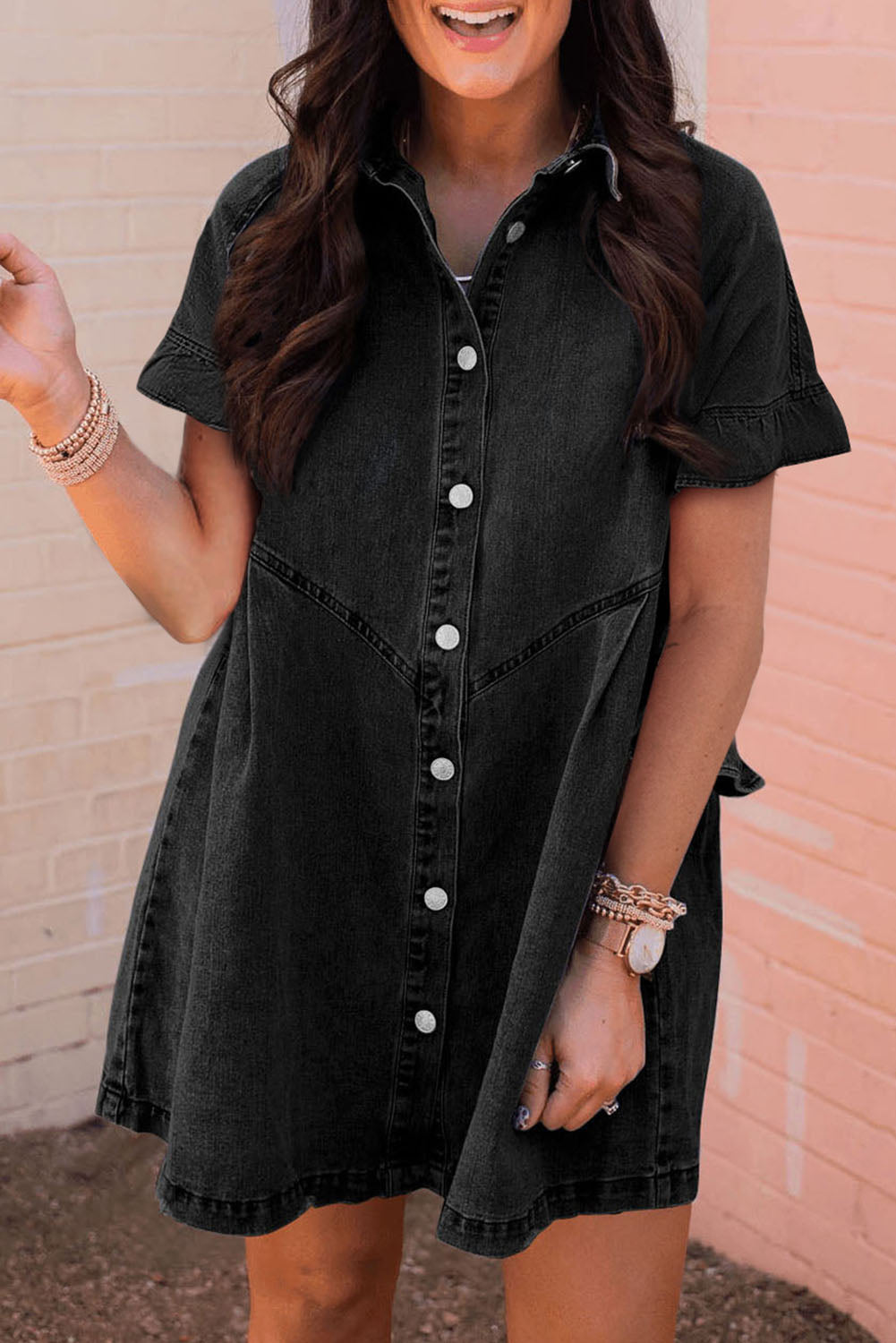 Frilled Short Sleeve Button Up Loose Denim Shirt Dress