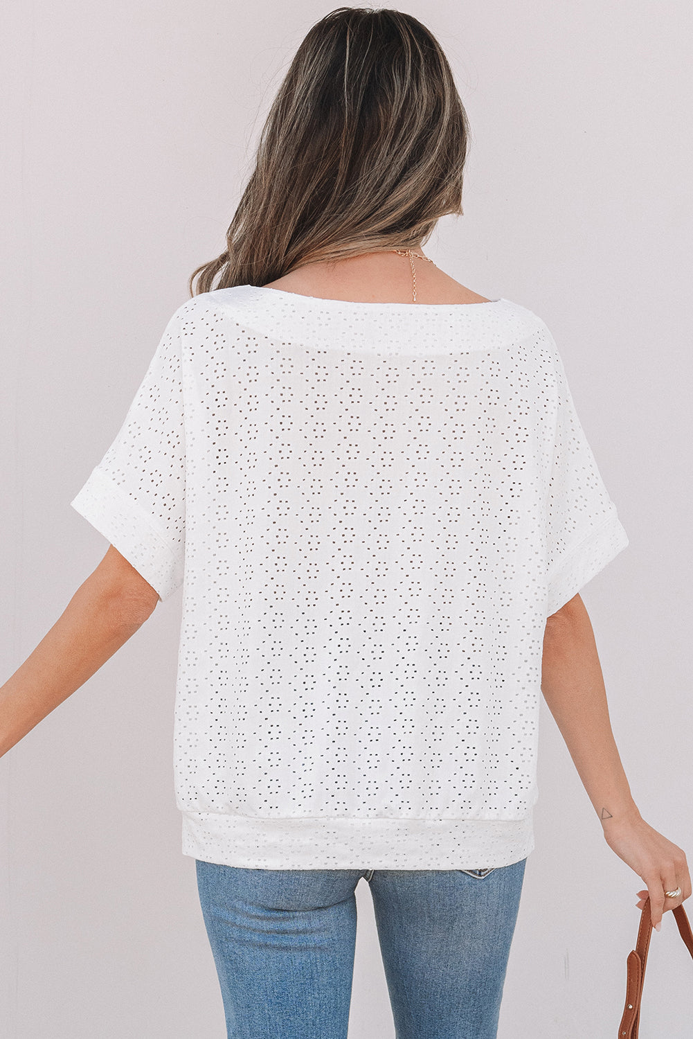 Eyelet Pattern Boat Neck Casual Tee