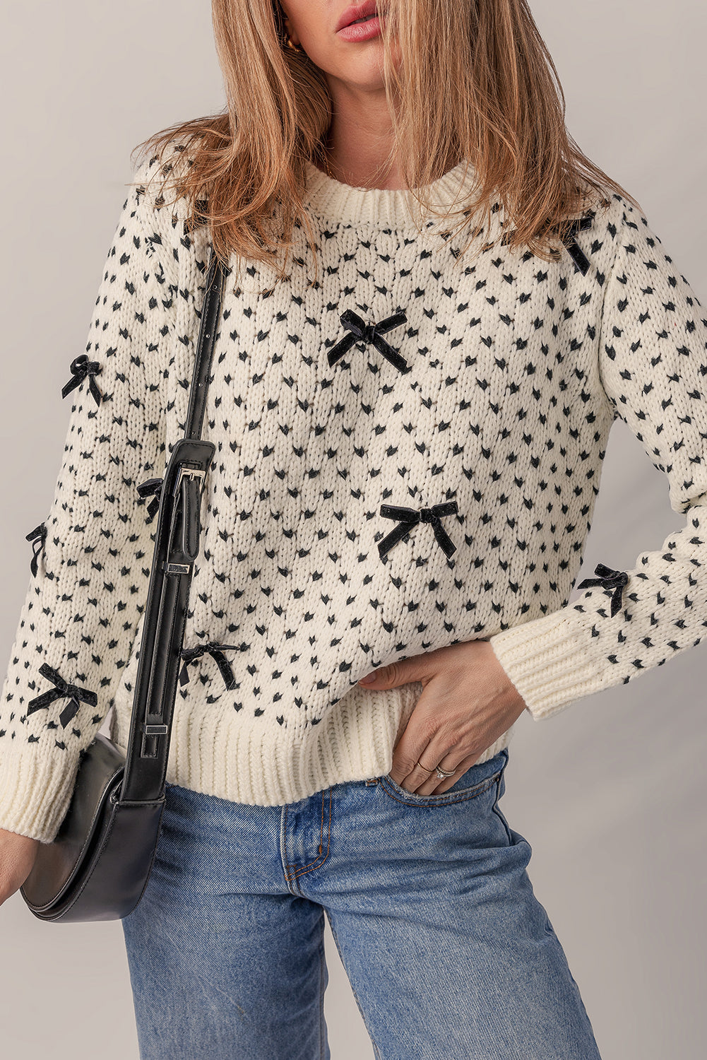 Bow Decor Color Contrast Ribbed Edge Crew Neck Sweater