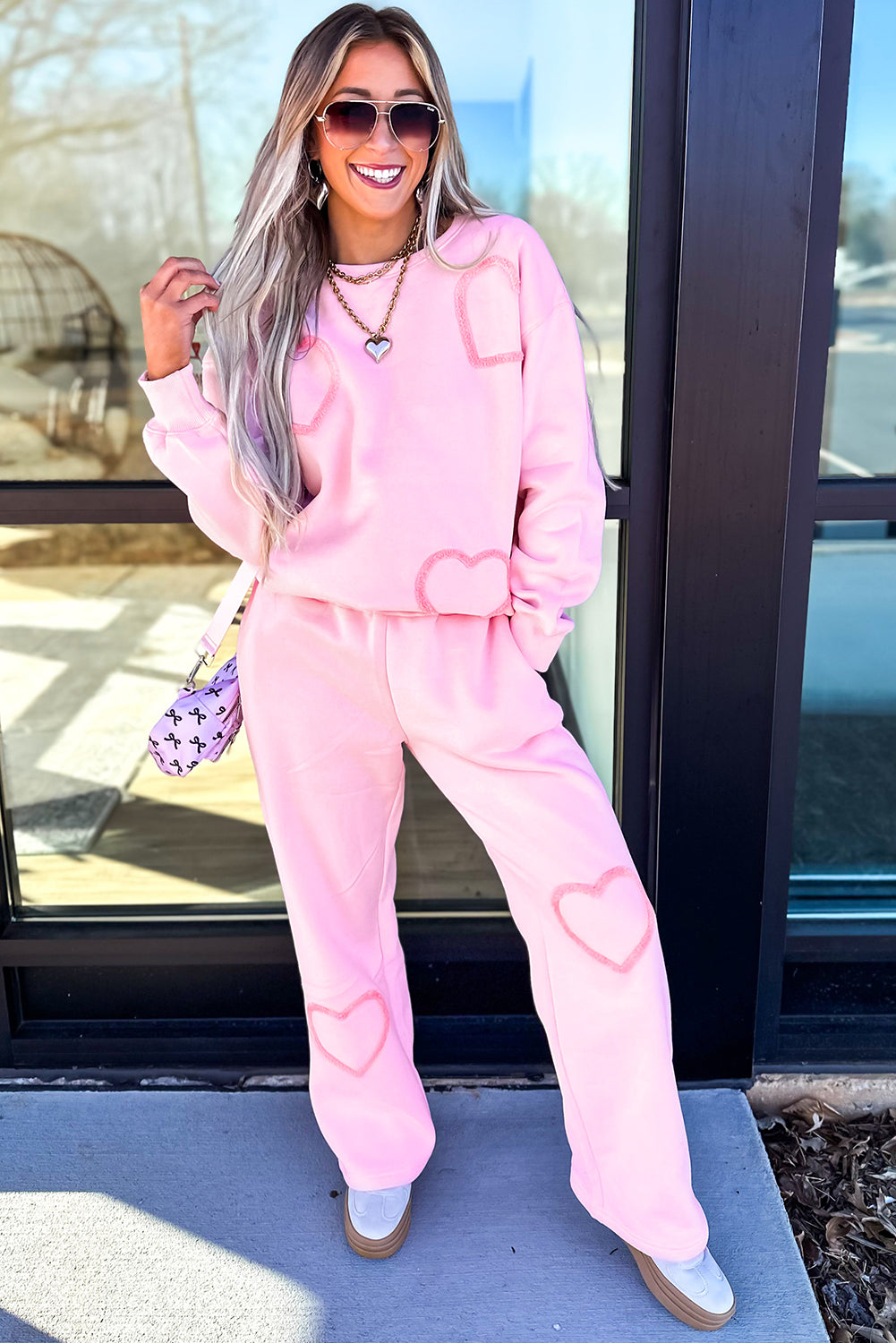 Chenille Heart Pattern Casual 2pcs Pants Set