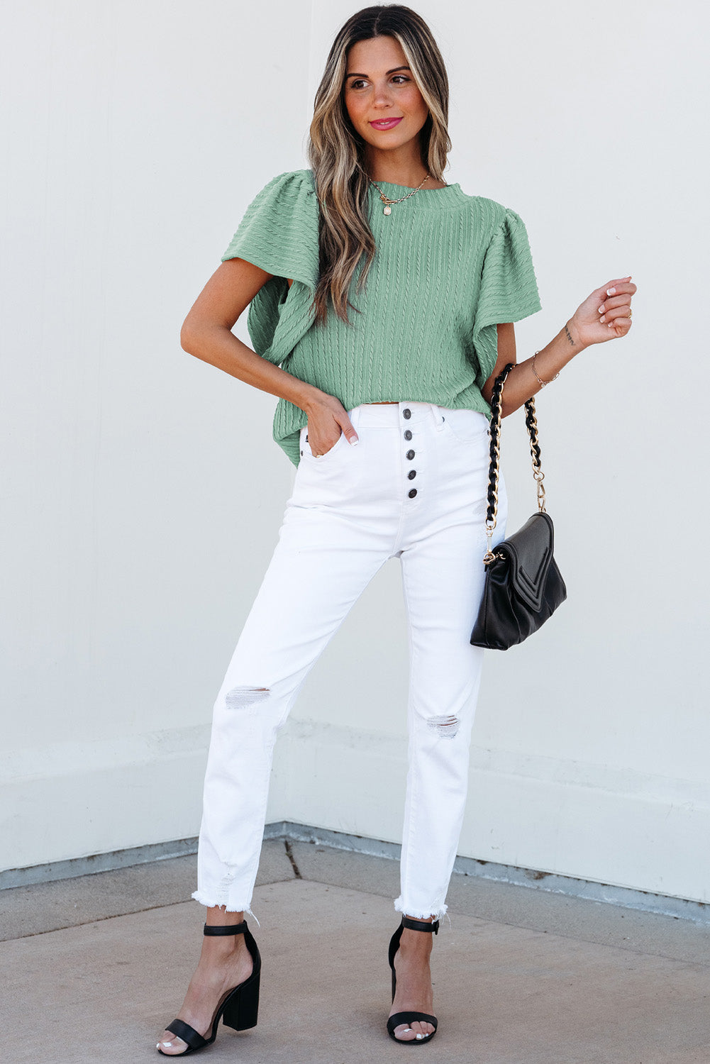 Solid Color Textured Flutter Sleeve Top