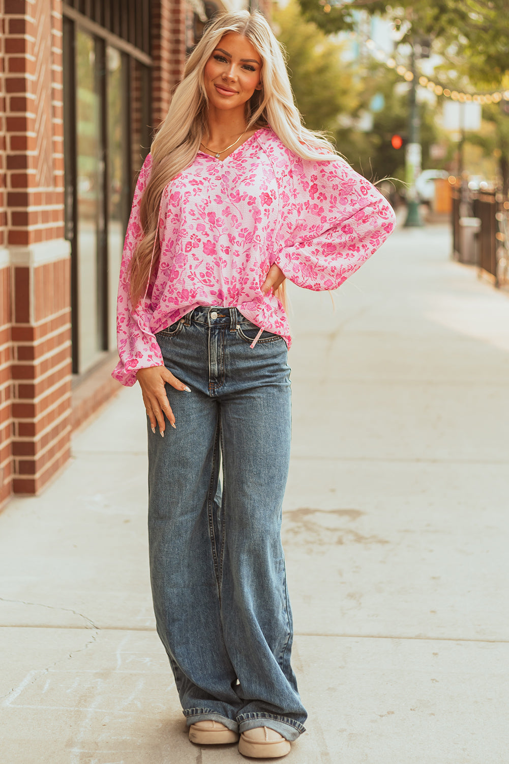 Floral Puff Sleeve Split Neck Lightweight Blouse