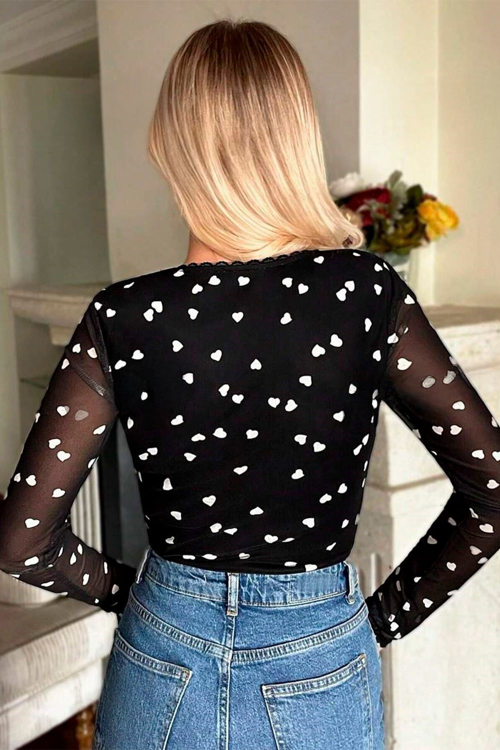 Heart Shape Mesh Patchwork Square Neck Bodysuit