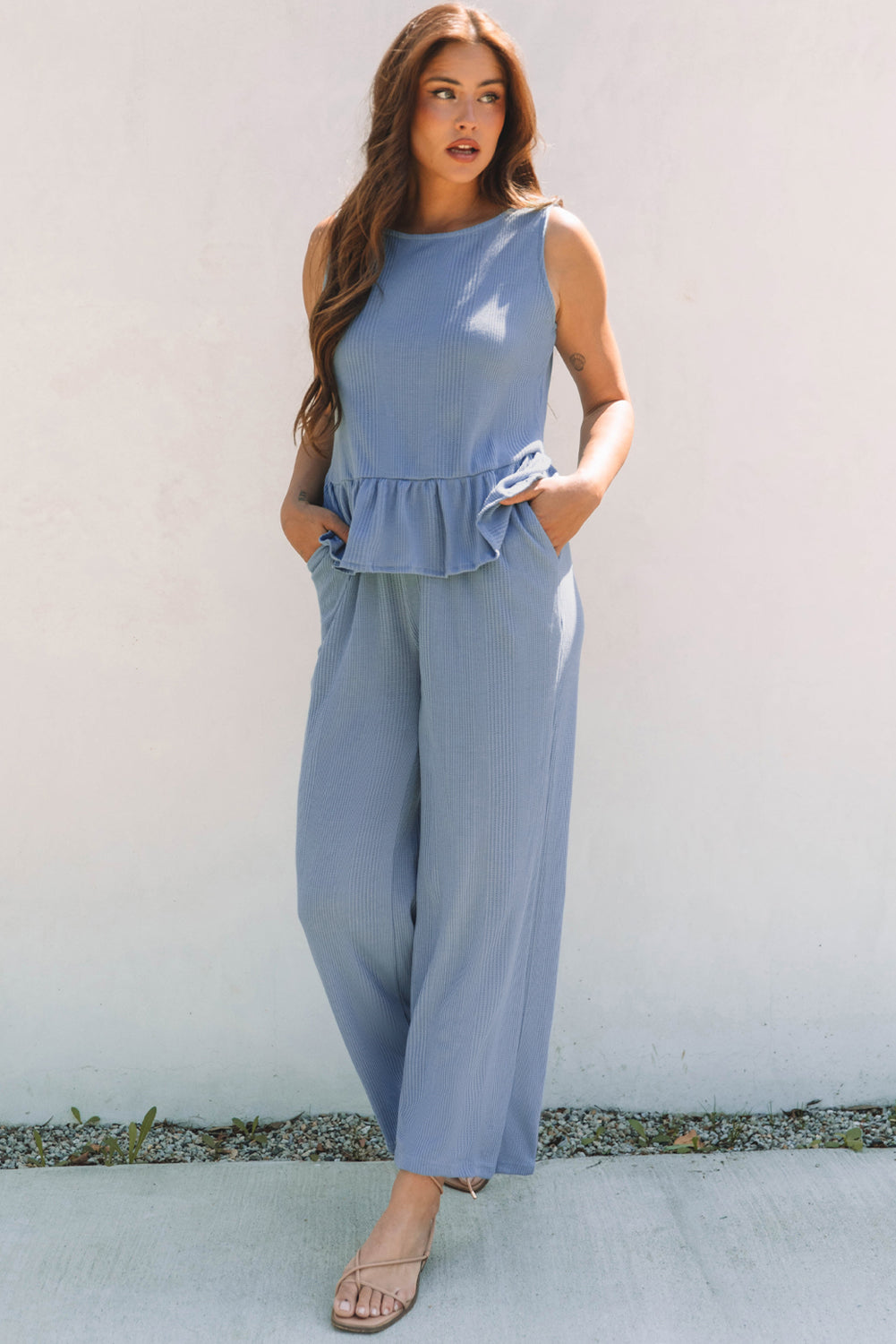 Solid Color Ribbed Ruffle Tank Top and Pants Set