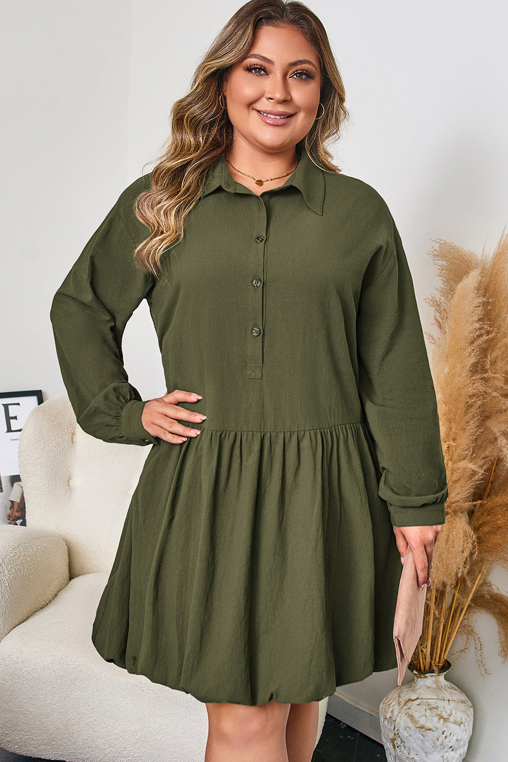 Plus Size Collar Half Button Long Sleeve Ruffle Hem Mini Dress