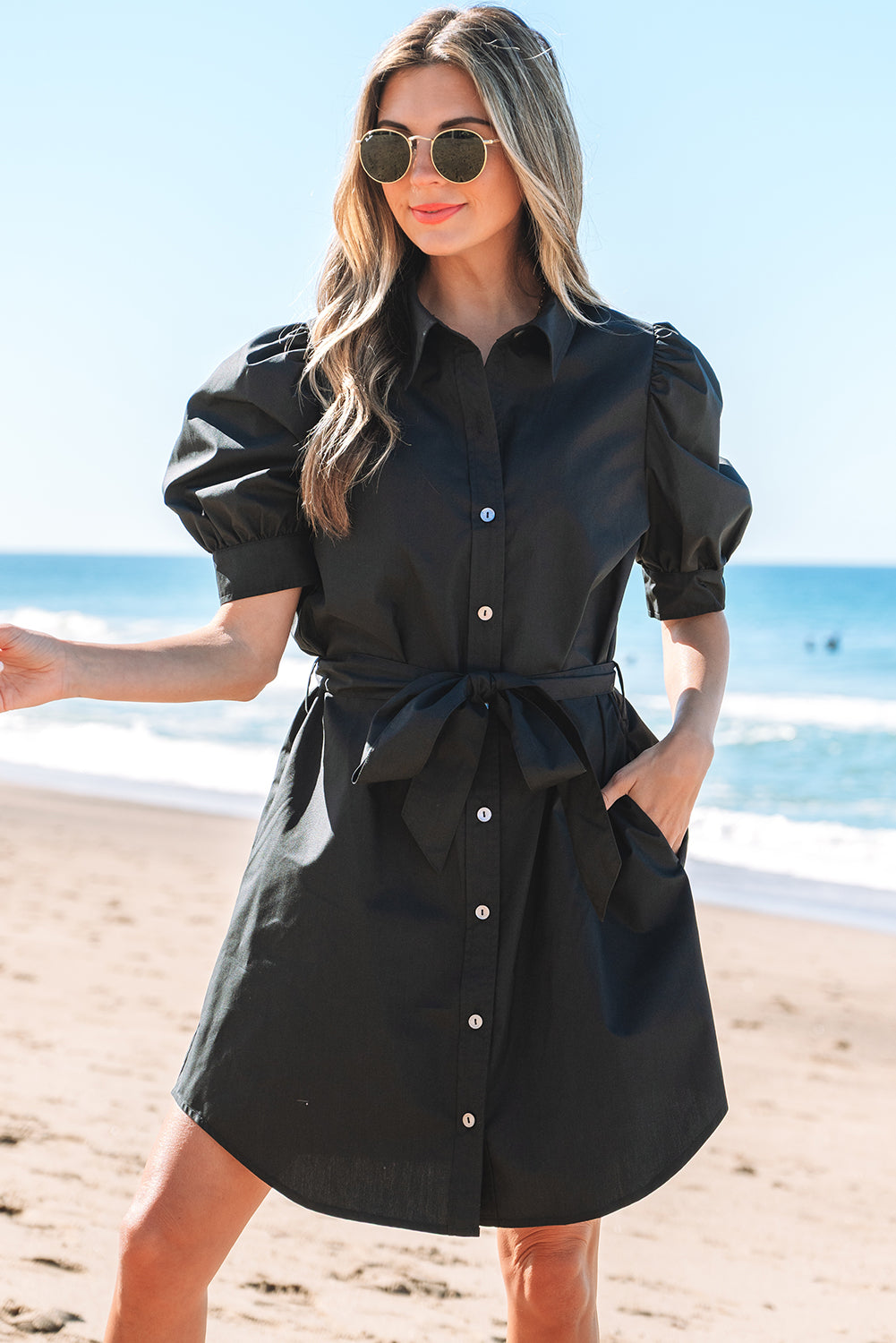 Button Up Tie Waist Puff Sleeve Mini Dress