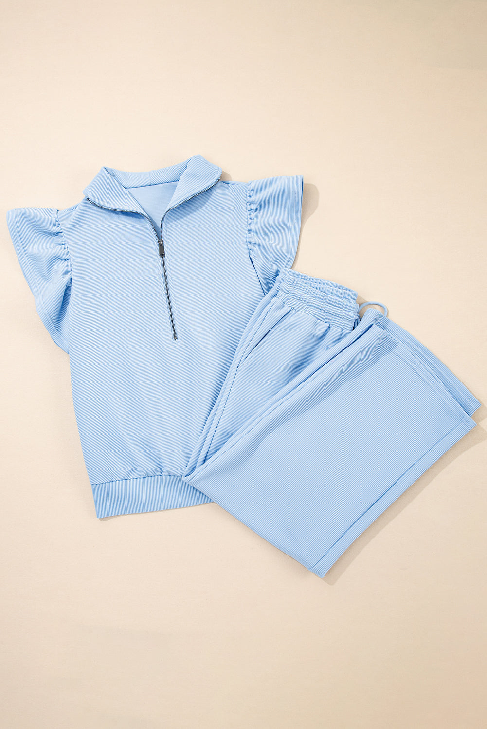 Textured Ruffled Sleeve Zipped Top and Wide Leg Pants Set