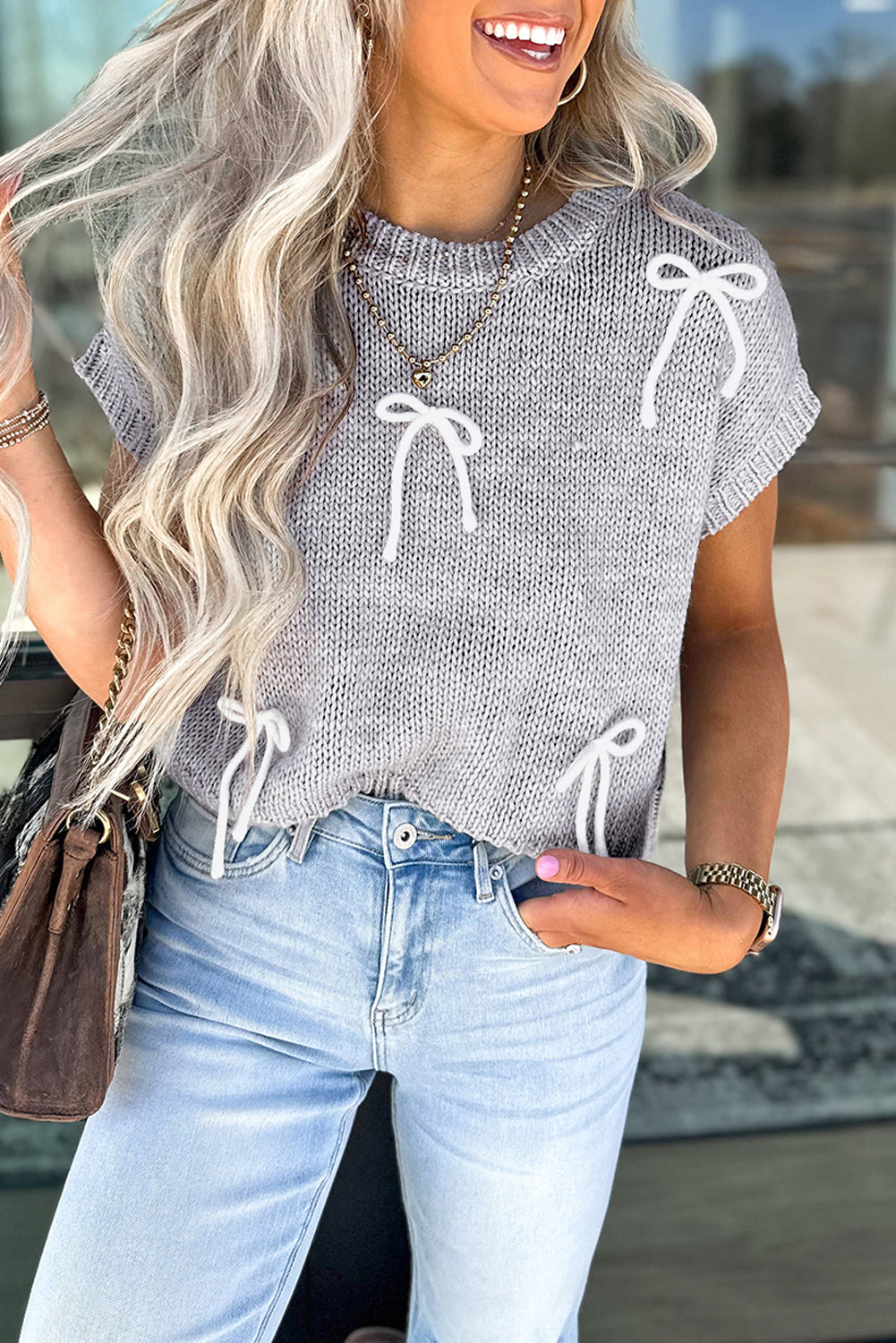 Bowknot Applique Cap Sleeve Sweater