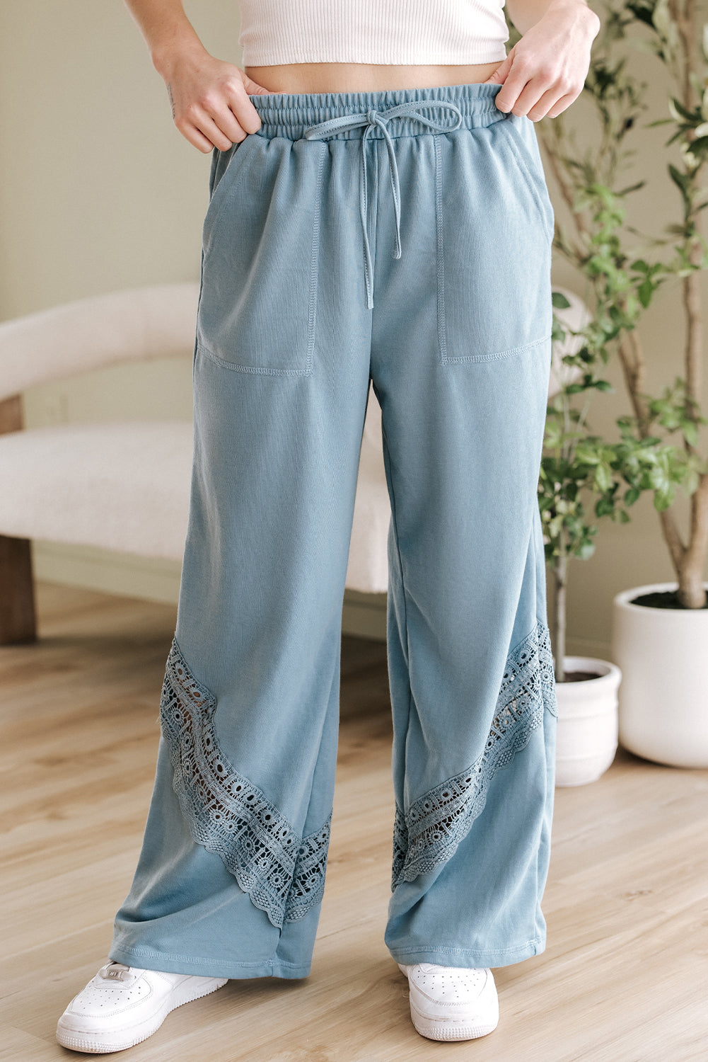Lace Crochet Patched Lace-up High Waist Wide Leg Pants