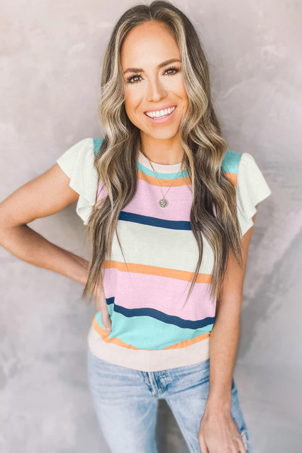 Striped Color Block Flutter Sleeve Patchwork Sweater Top