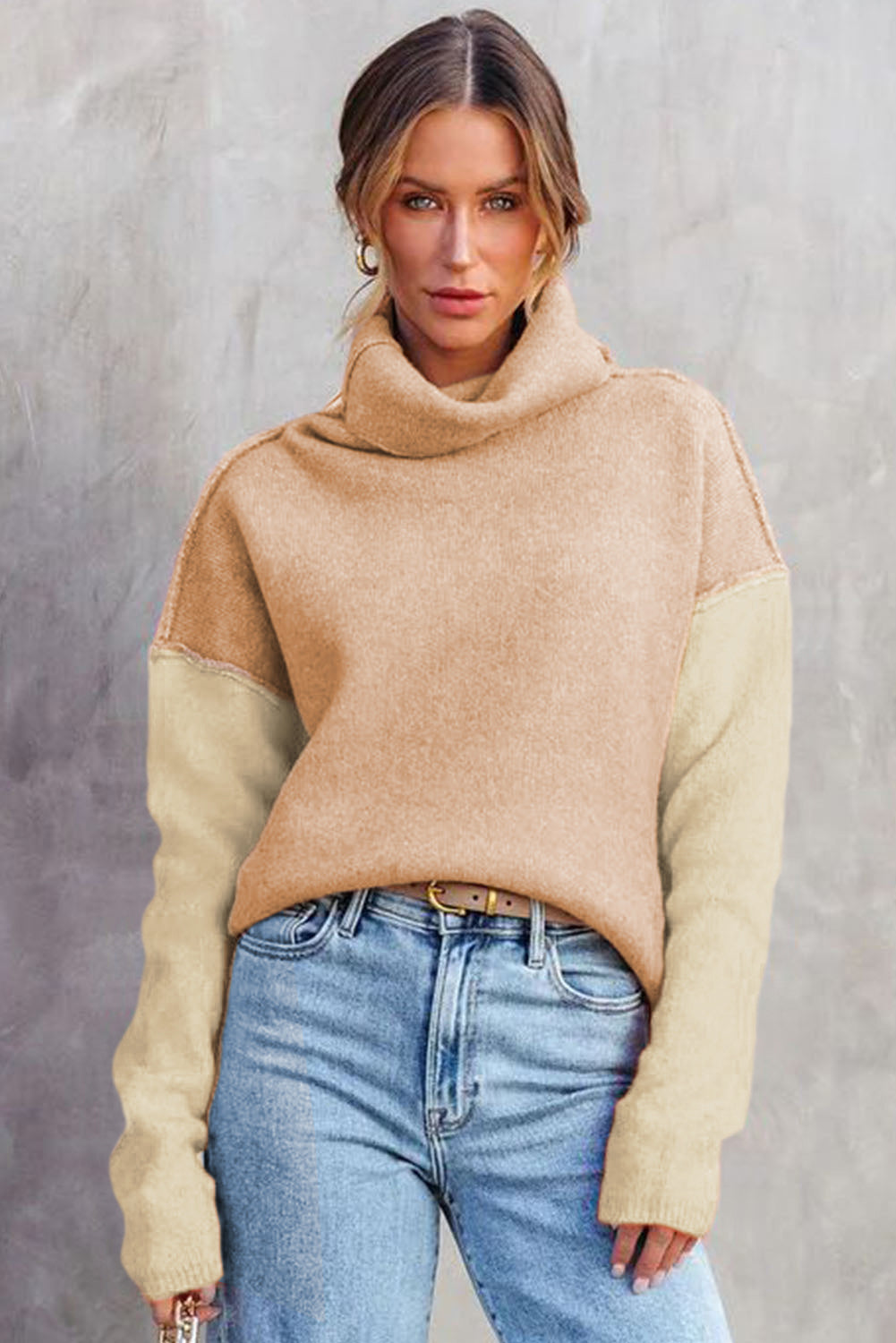 White Color Block Turtle Neck Drop Shoulder Knit Sweater