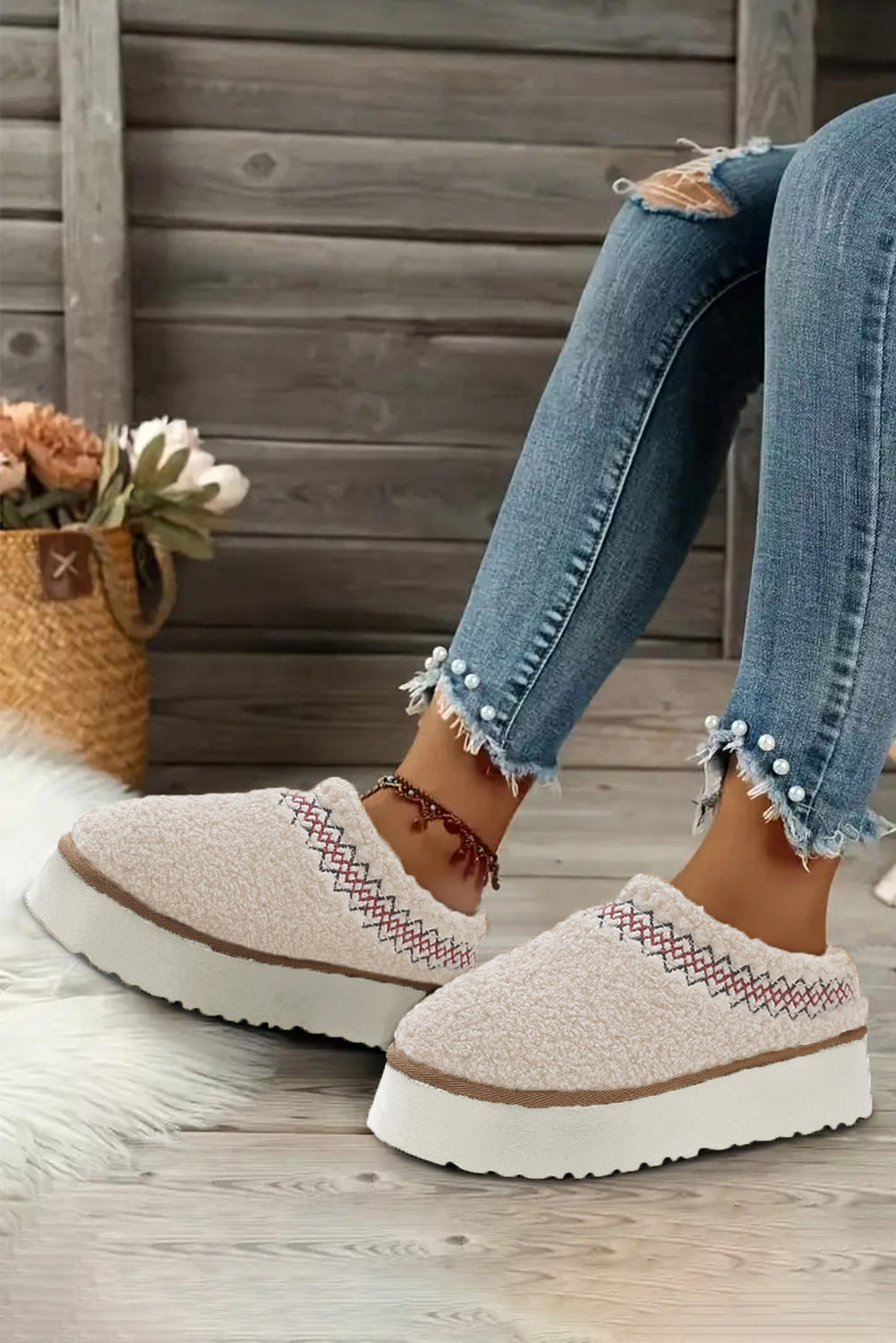 Embroidered Sherpa Plush Thick Sole Snow Boots