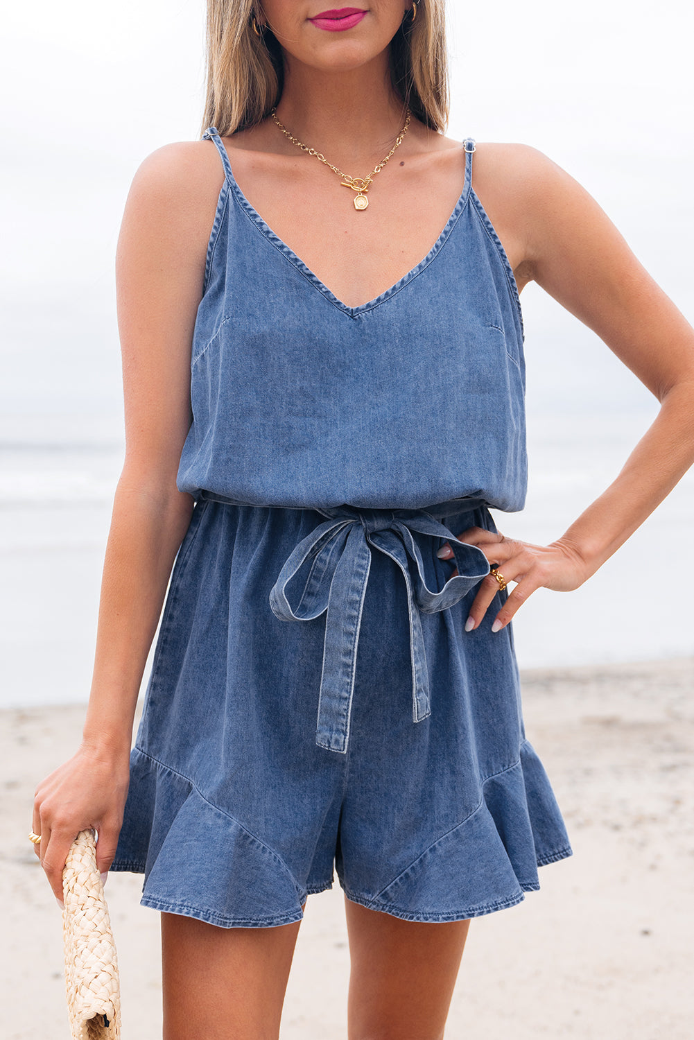 Spaghetti Straps V Neck Belted Ruffled Leg Chambray Romper