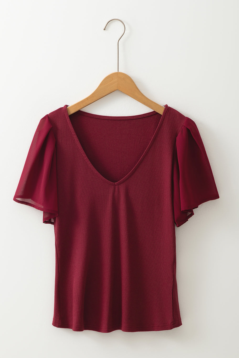 Mesh Ruffled Sleeve Slim Fit V Neck Top