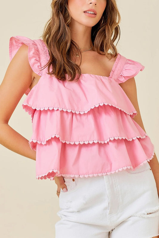 Tiered Heart Trim Square Neck Flutter Top