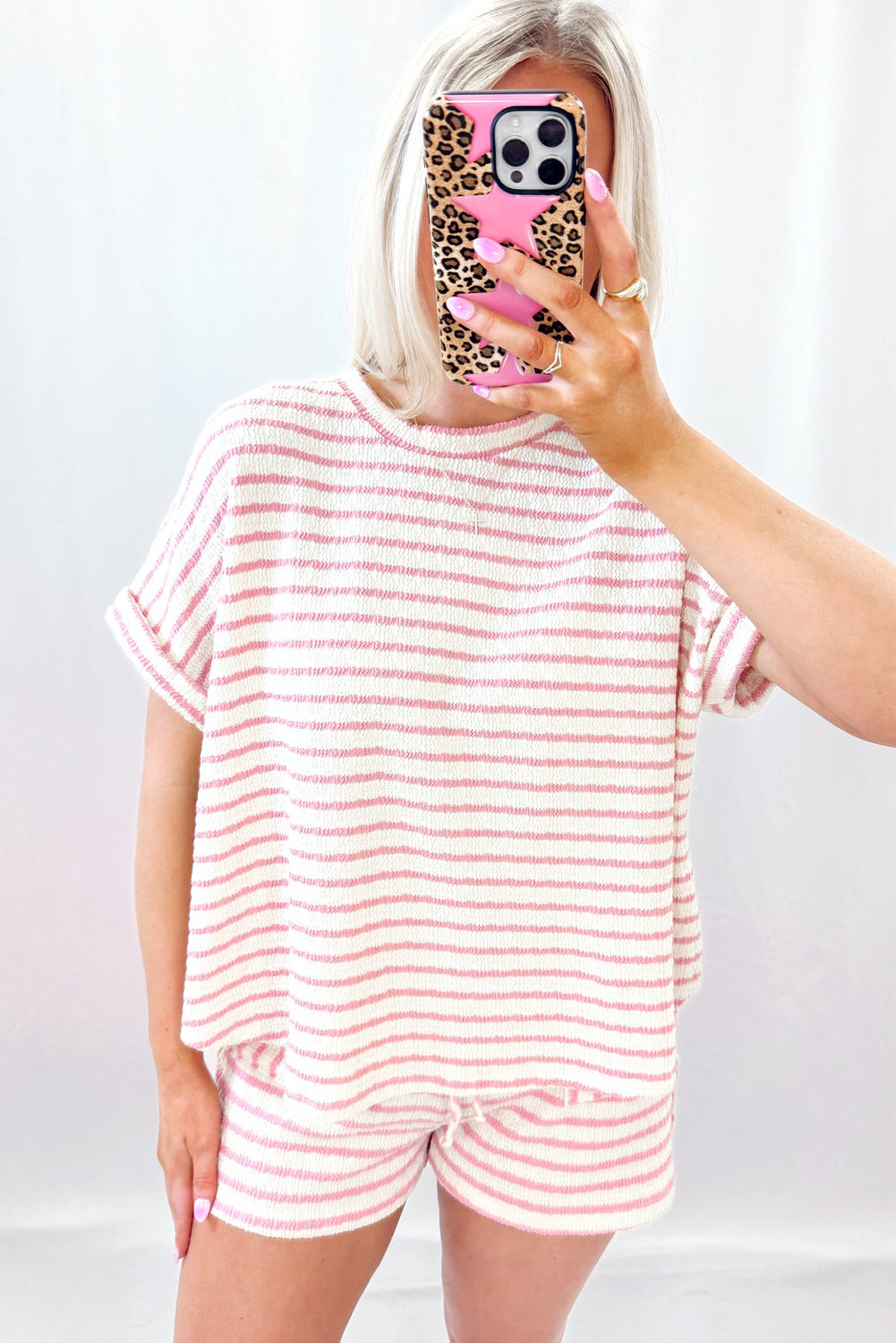 Knitted Short Sleeve Top and Drawstring Shorts Set