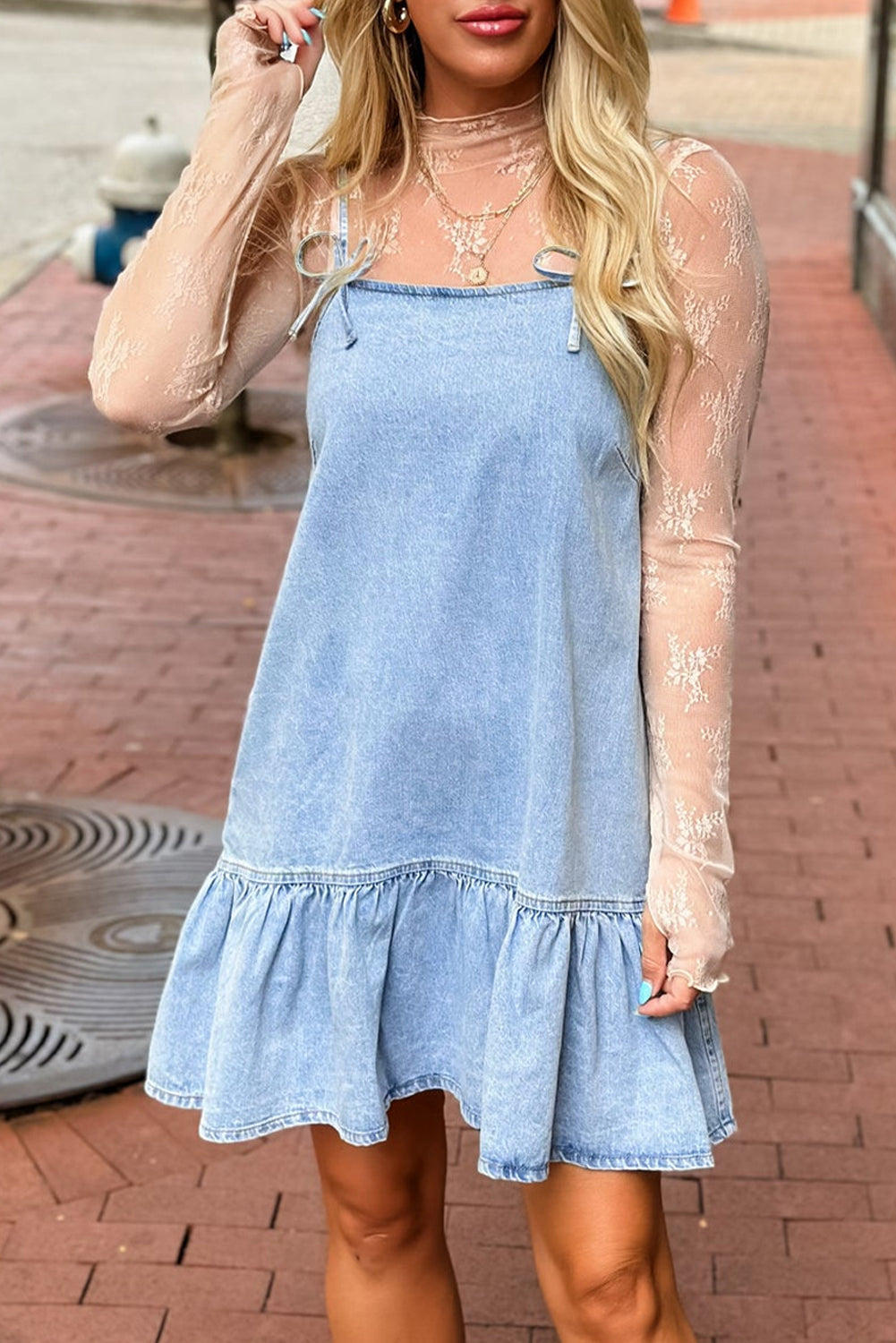 Bow Detail Spaghetti Straps Ruffle Hem Denim Short Dress