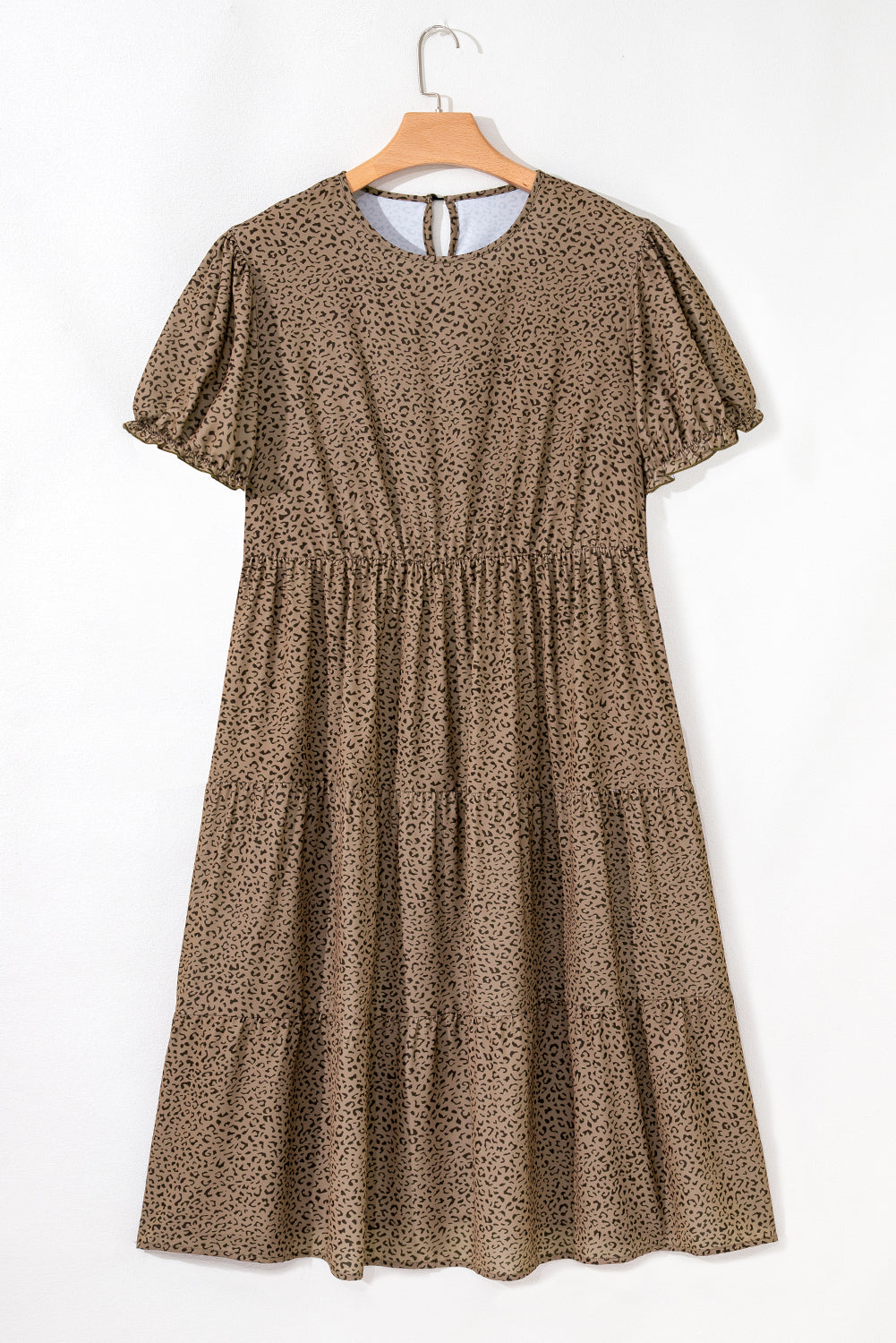 Plus Size Leopard Print Frill Trim Short Sleeve Flared Dress