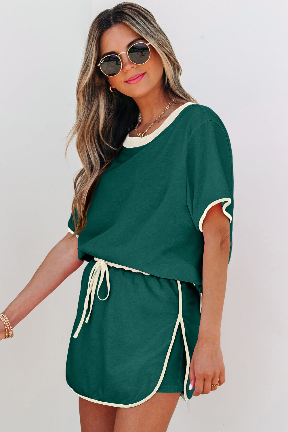 Colorblock Edge Drop Shoulder T Shirt and Skirt 2Pcs Set