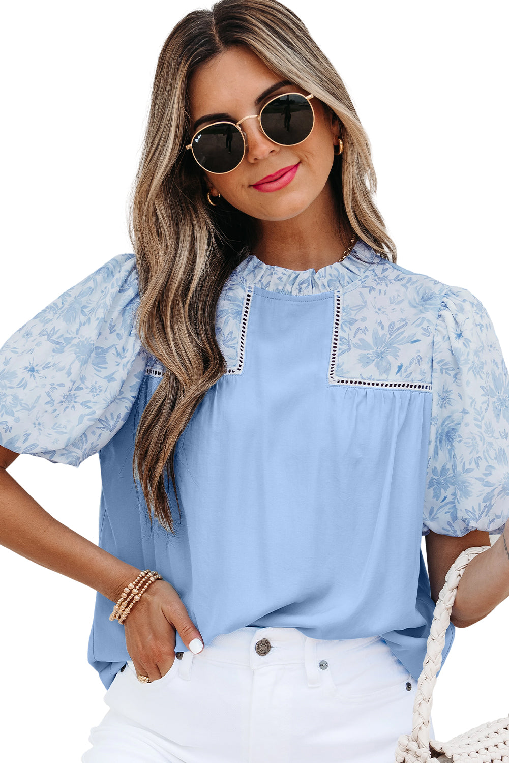 Lace Insert Floral Puff Sleeve Patchwork Loose Blouse