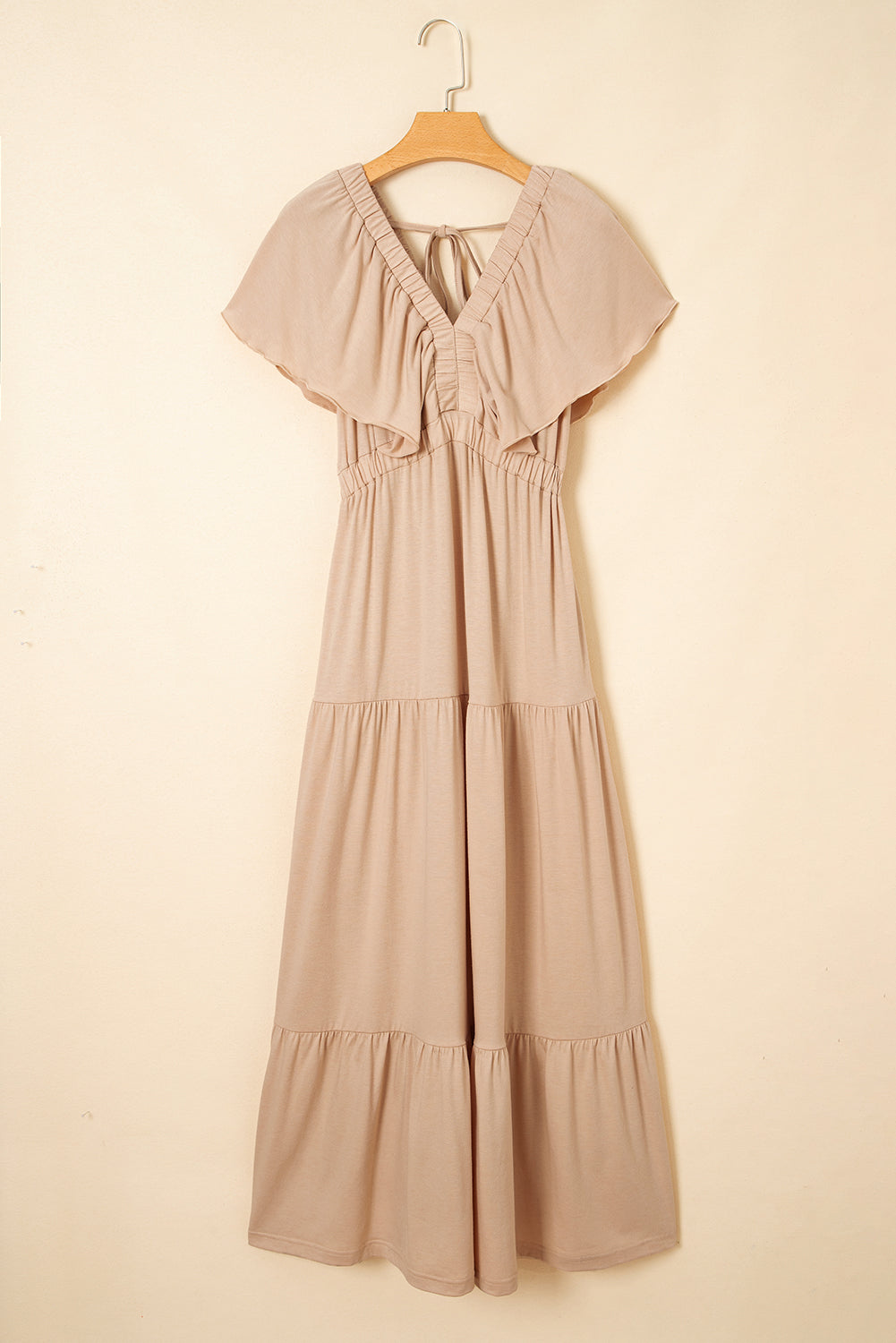 Textured V Neck Flutter Sleeve Ruffled Maxi Dress