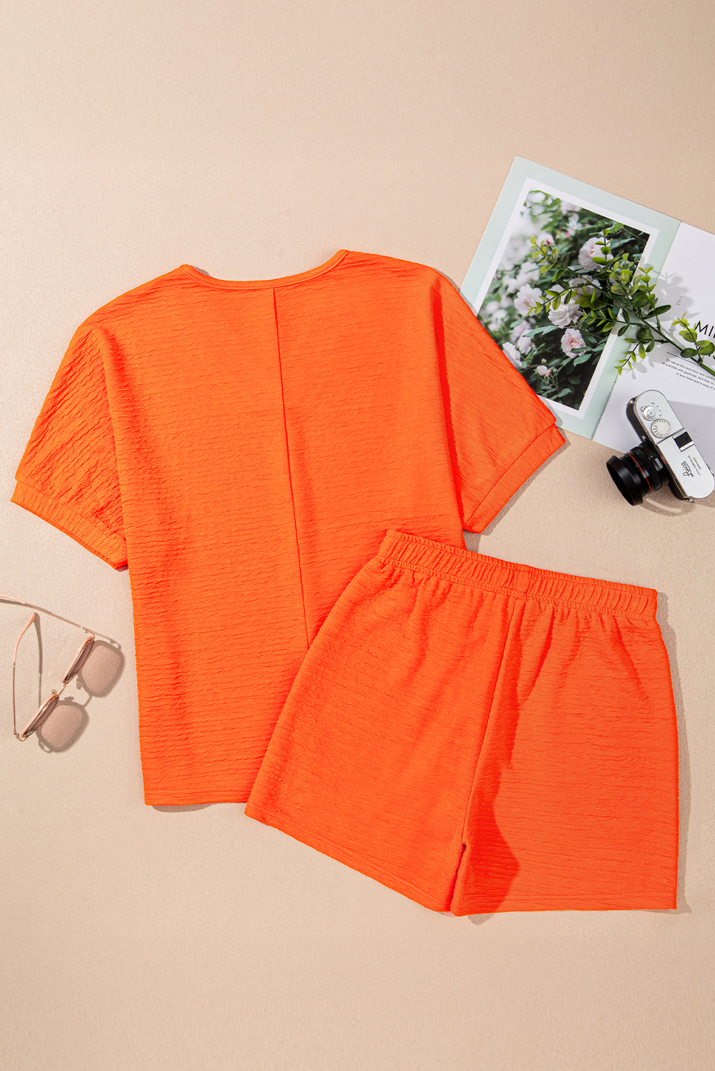 Textured V Neck T Shirt and Shorts Set
