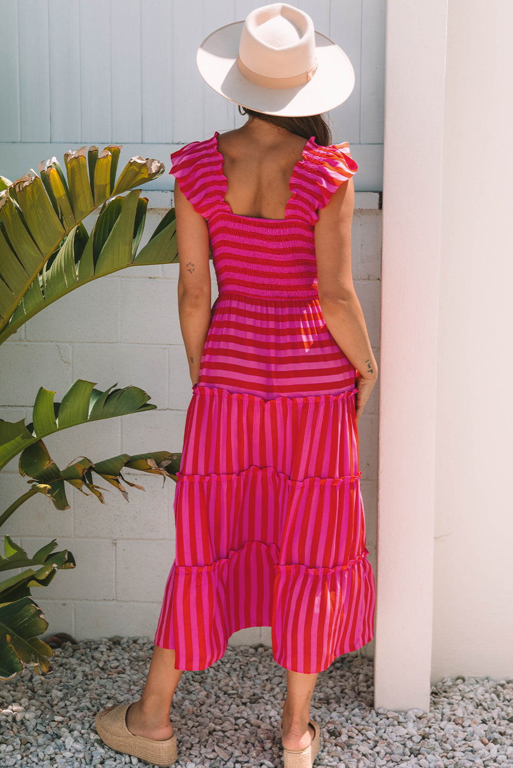 Stripe Flutter Sleeve Smocked Bodice Tiered Maxi Dress
