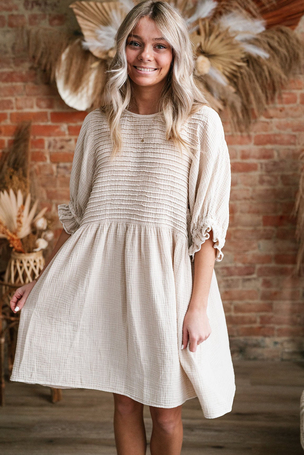 Textured Ruffled Puff Sleeve Loose Dress