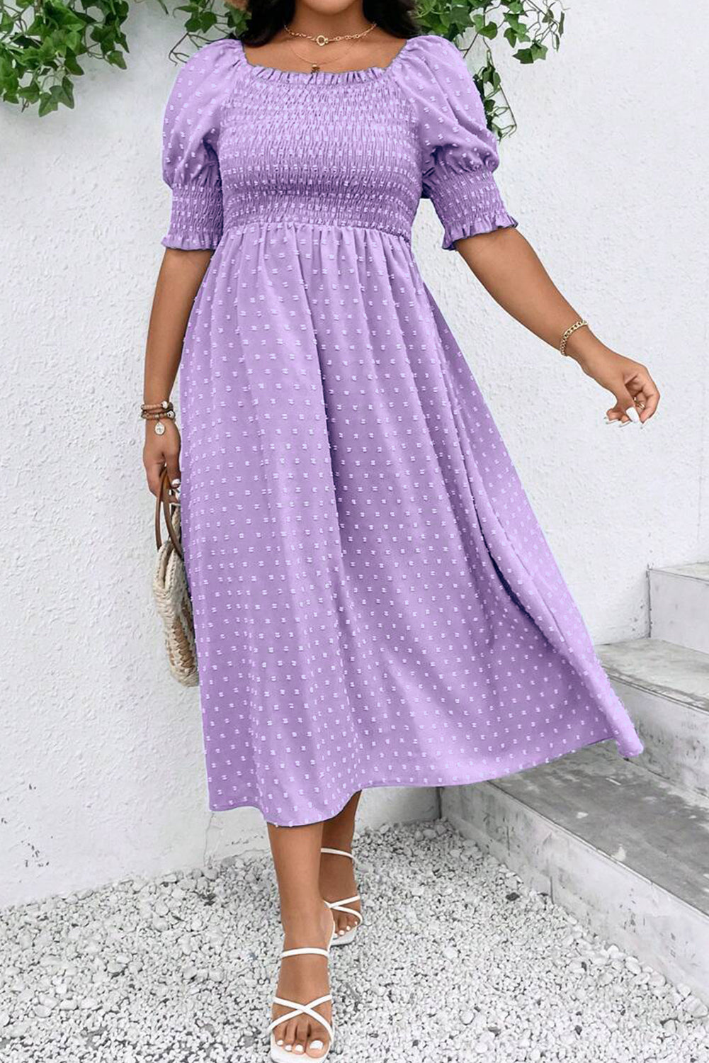 Swiss Dot Smocked Frilled Neckline Short Sleeve Plus Size Dress