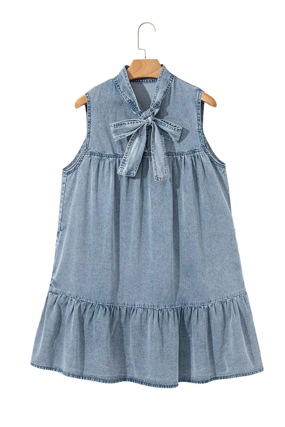 Bowknot Neck Sleeveless Ruffled Chambray Dress