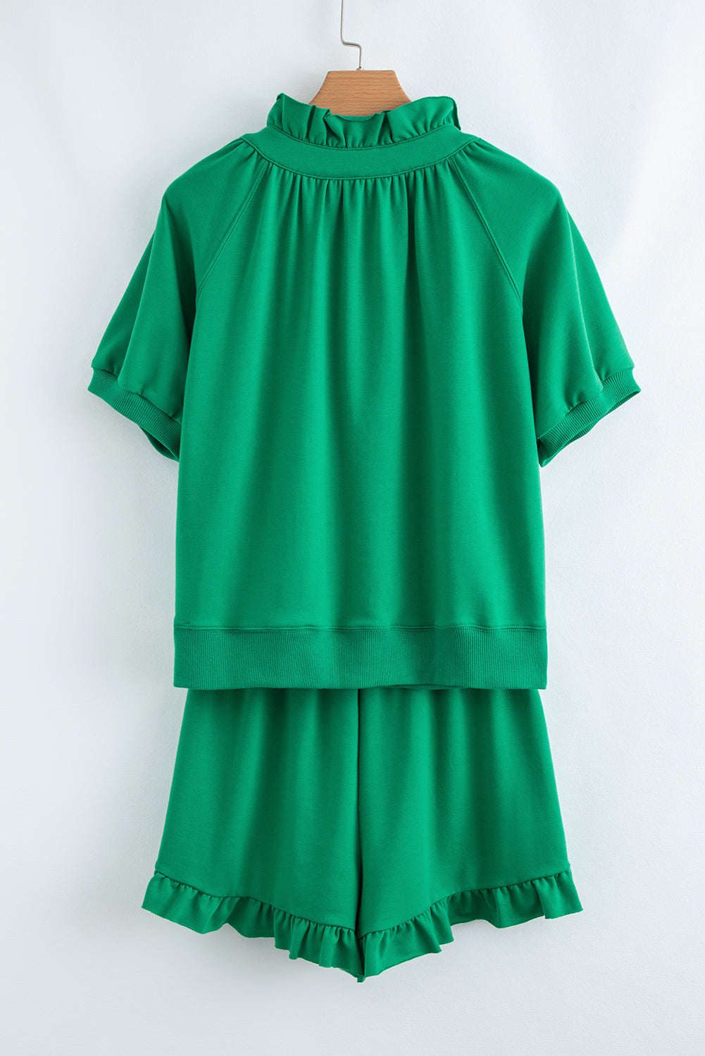 Half Zip Puff Sleeve Top and Ruffled Shorts Set