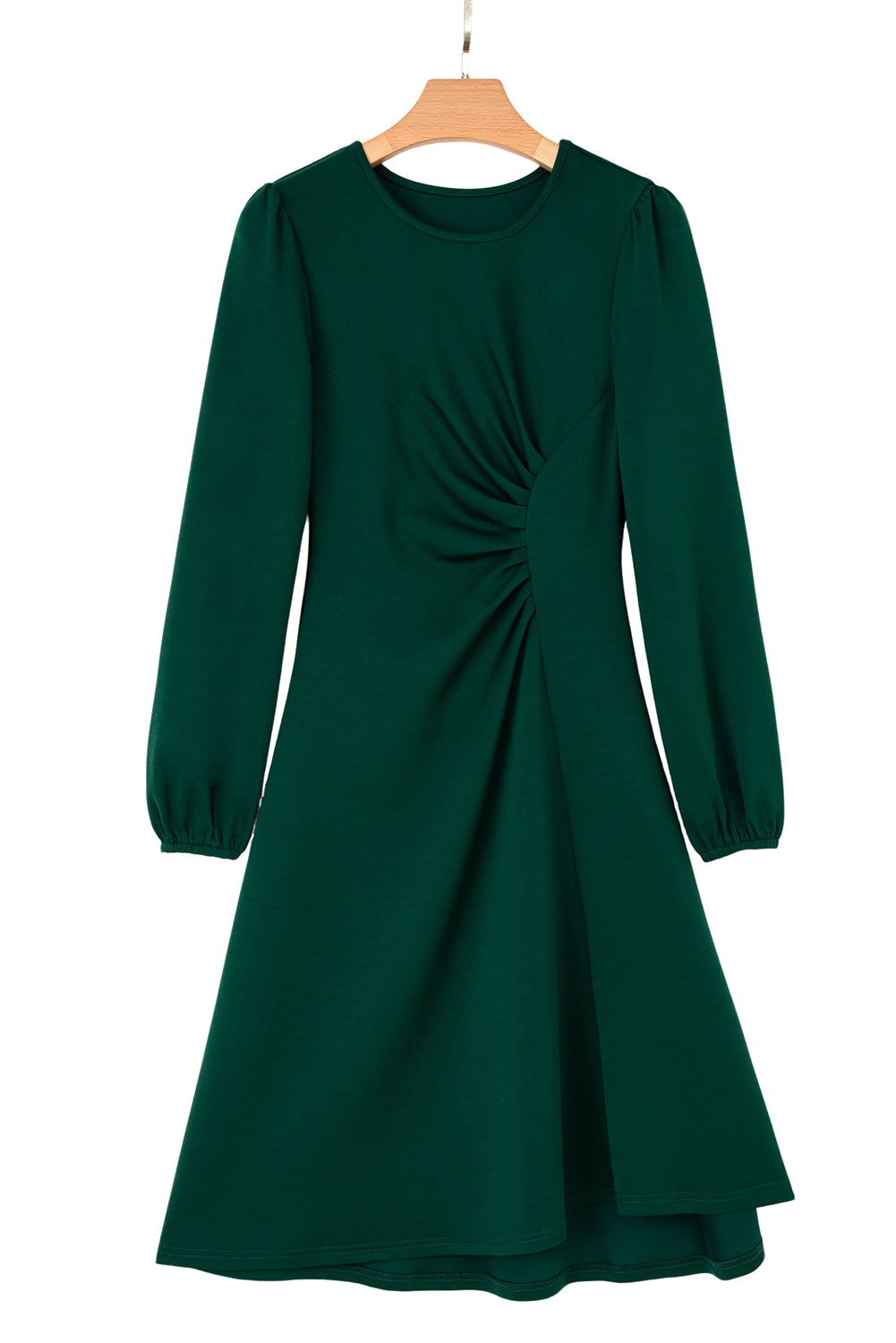 Solid Color Ruched Detail Long Sleeve Midi Dress