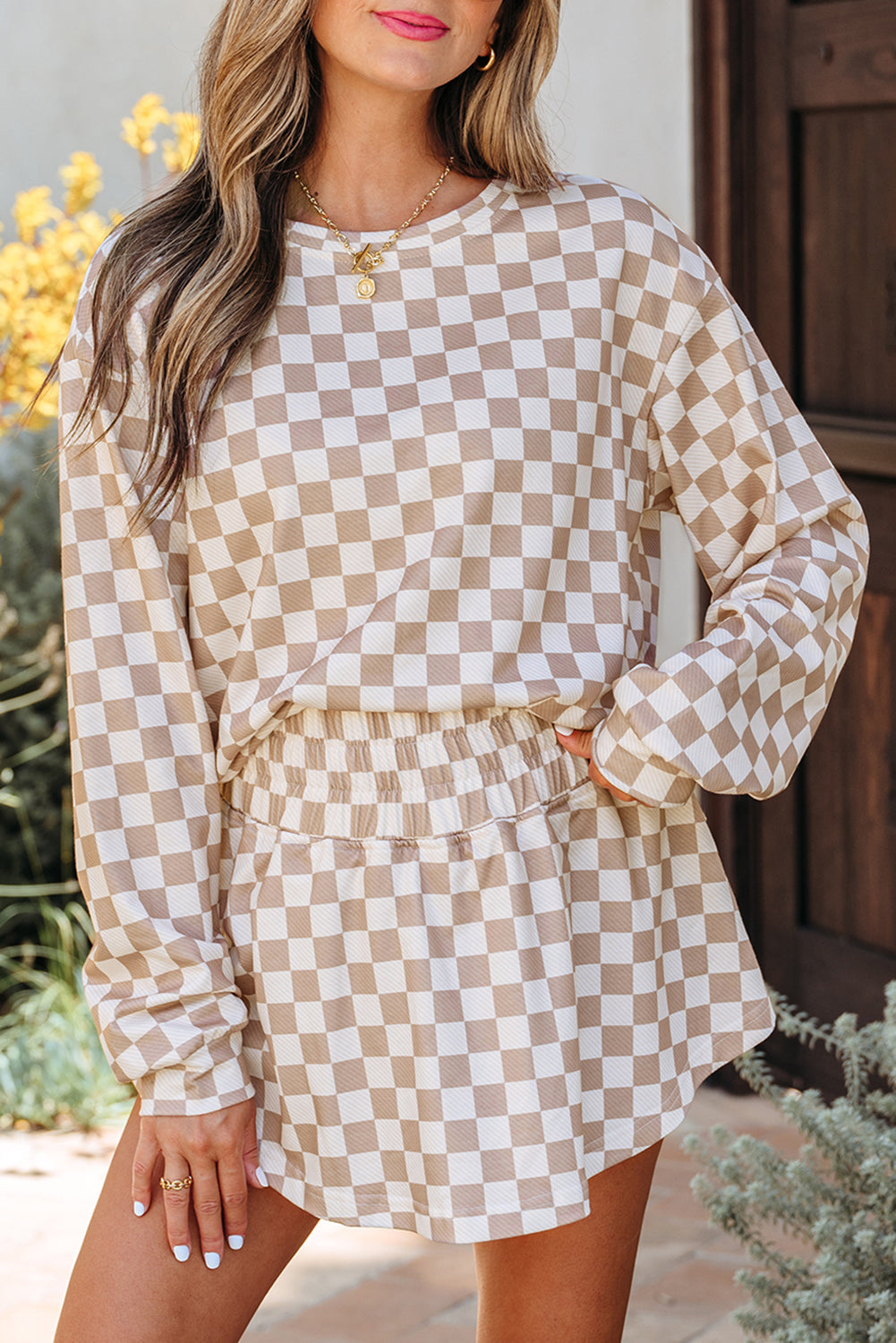 Checkered Long Sleeve Crop Top High Waist Skort 2pcs Set