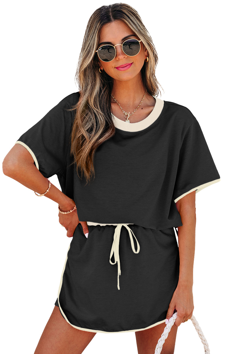 Colorblock Edge Drop Shoulder T Shirt and Skort 2Pcs Set