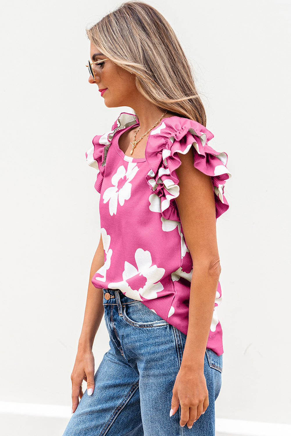 Floral Textured Ruffled Short Sleeve Square Neck Blouse