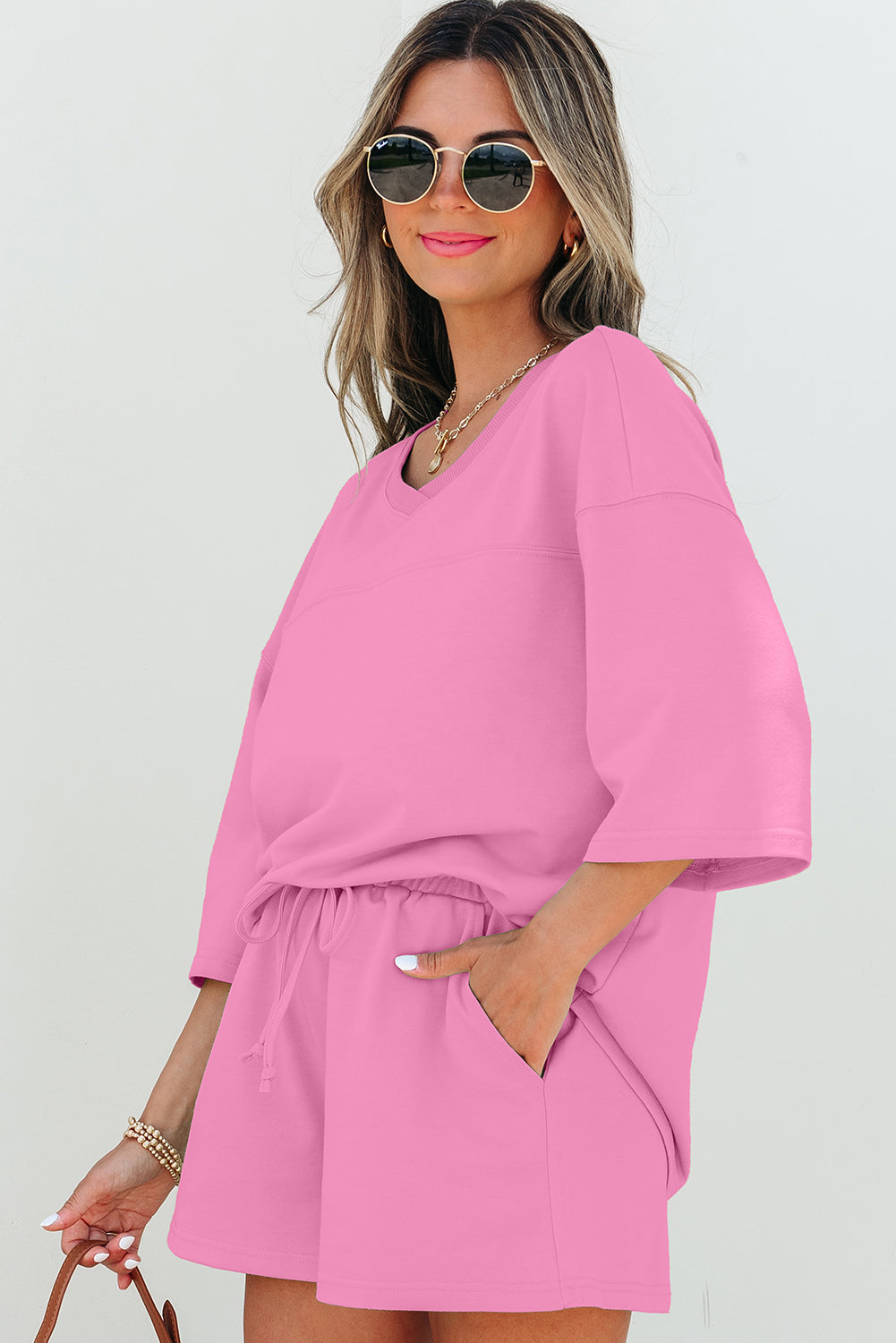 Solid Loose V Neck Half Sleeve Tee and Shorts