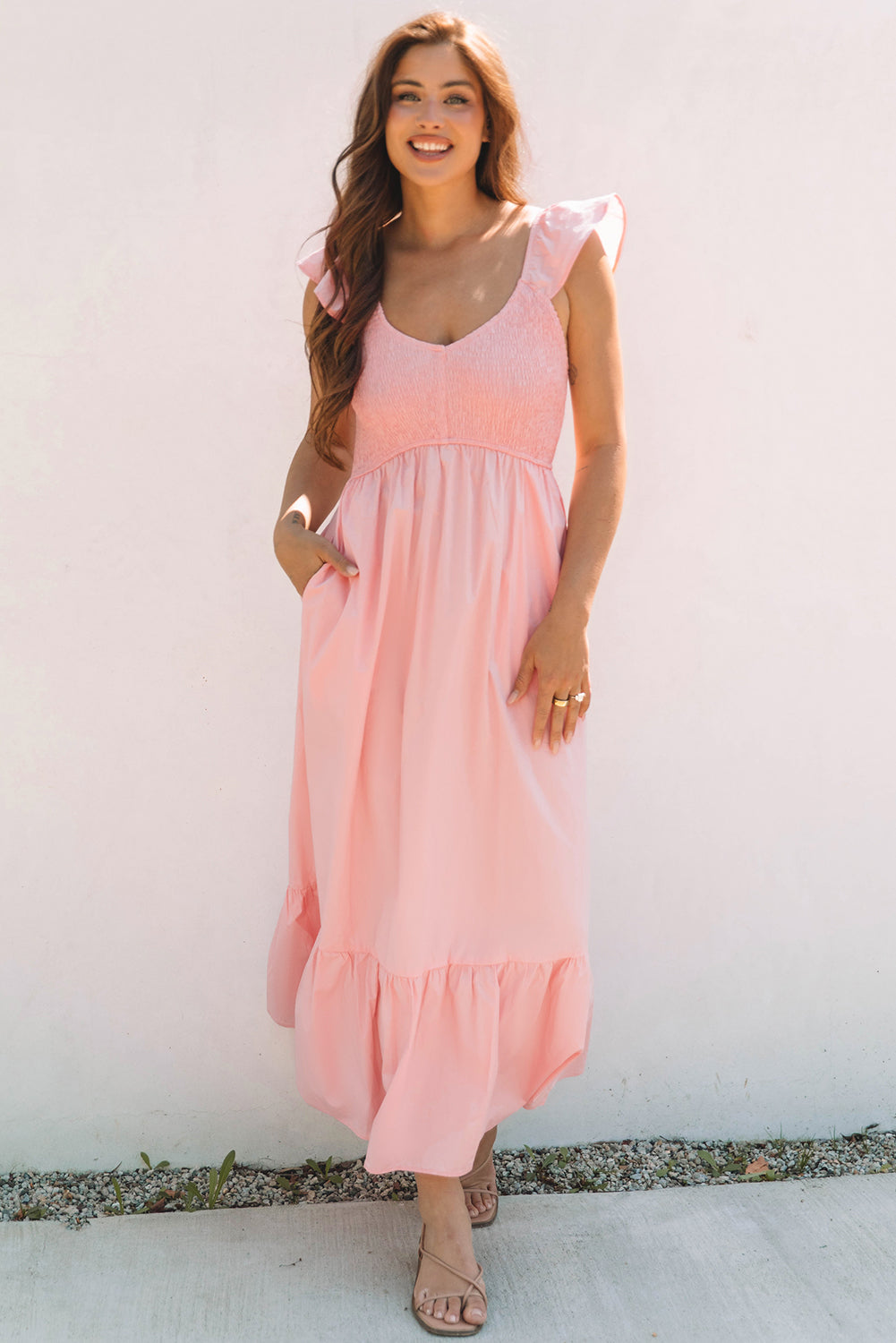 V Neck Flutter Sleeve Smocked Bodice High Waist Ruffle Maxi Dress