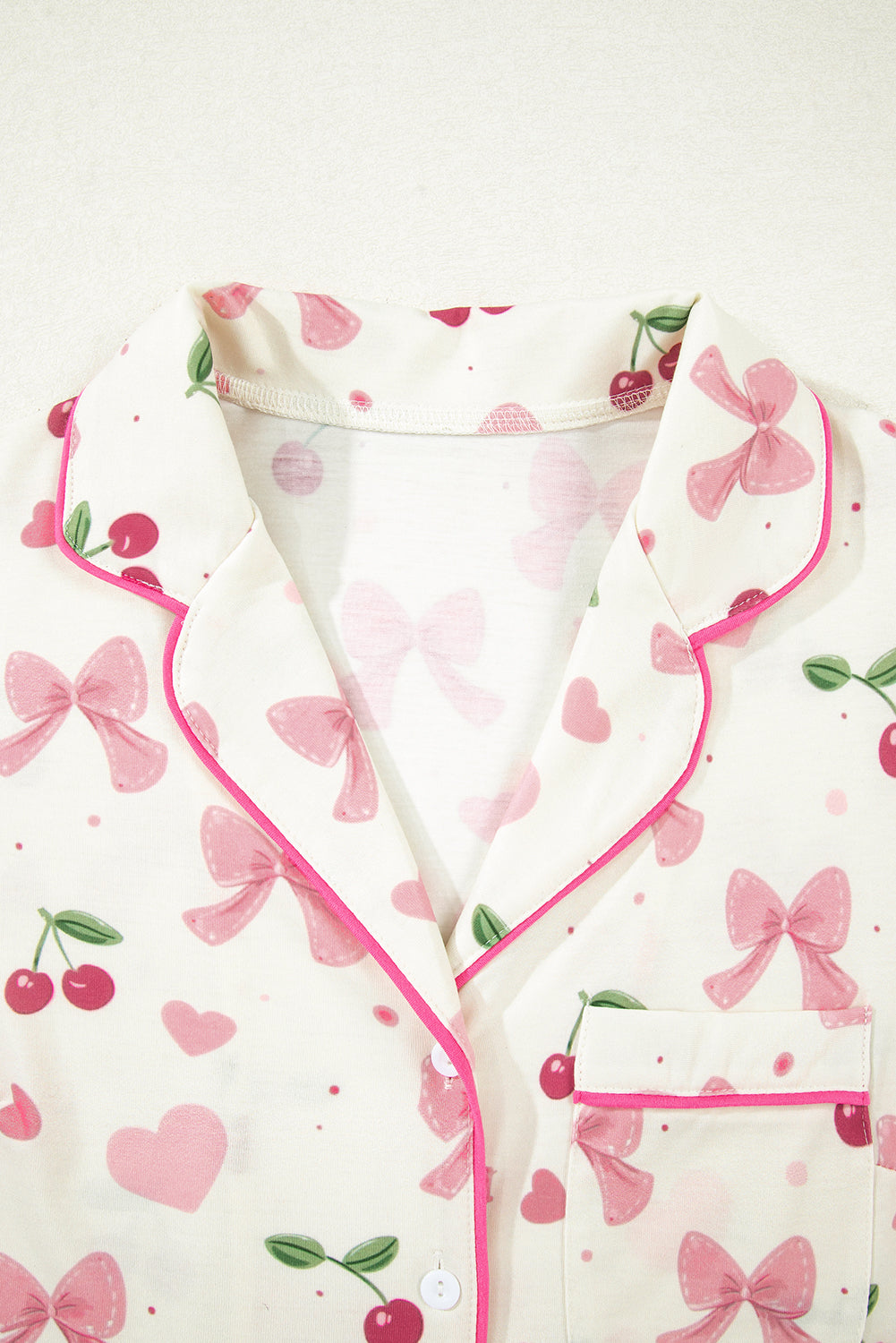 Bow Fruit Print Contrast Pipping Short Pajamas Set