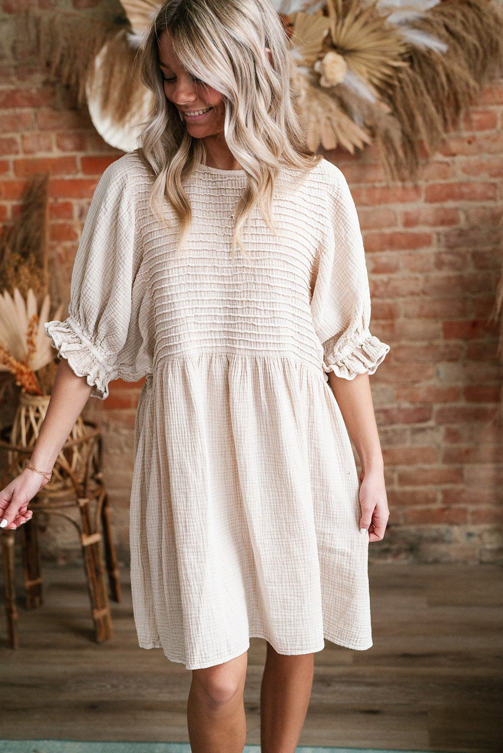 Textured Ruffled Puff Sleeve Loose Dress
