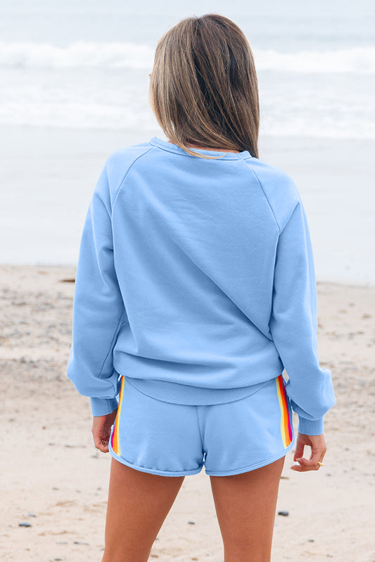 Striped Accent Pullover and Shorts Two Piece Casual Set