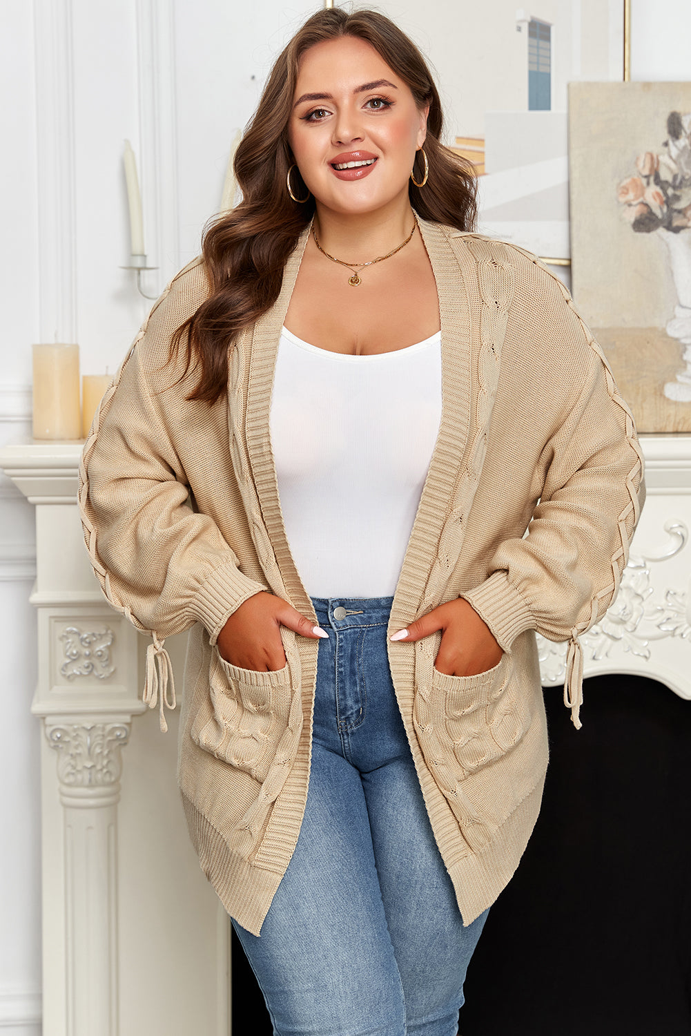 Cable Knit Braided Tie Sleeve Plus Size Open Cardigan