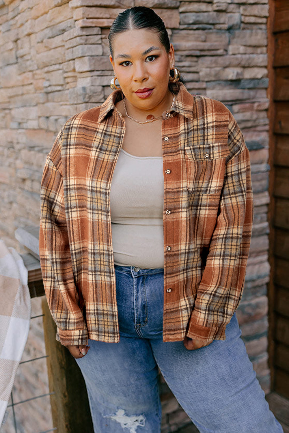 Plaid Print Flap Pocket Buttoned Plus Size Shacket