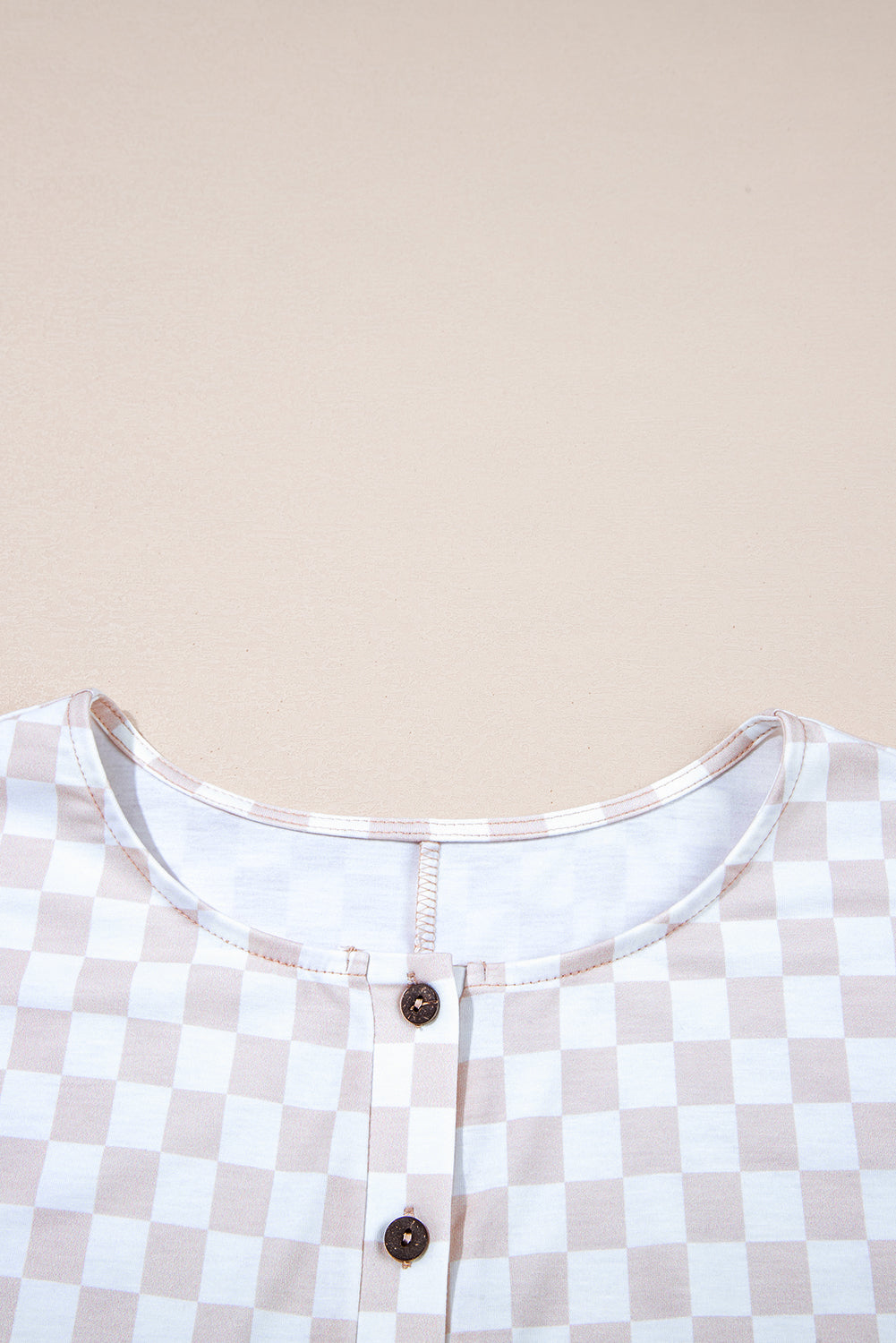 Checkered Print Buttoned Crew Neck Wide Leg Jumpsuit
