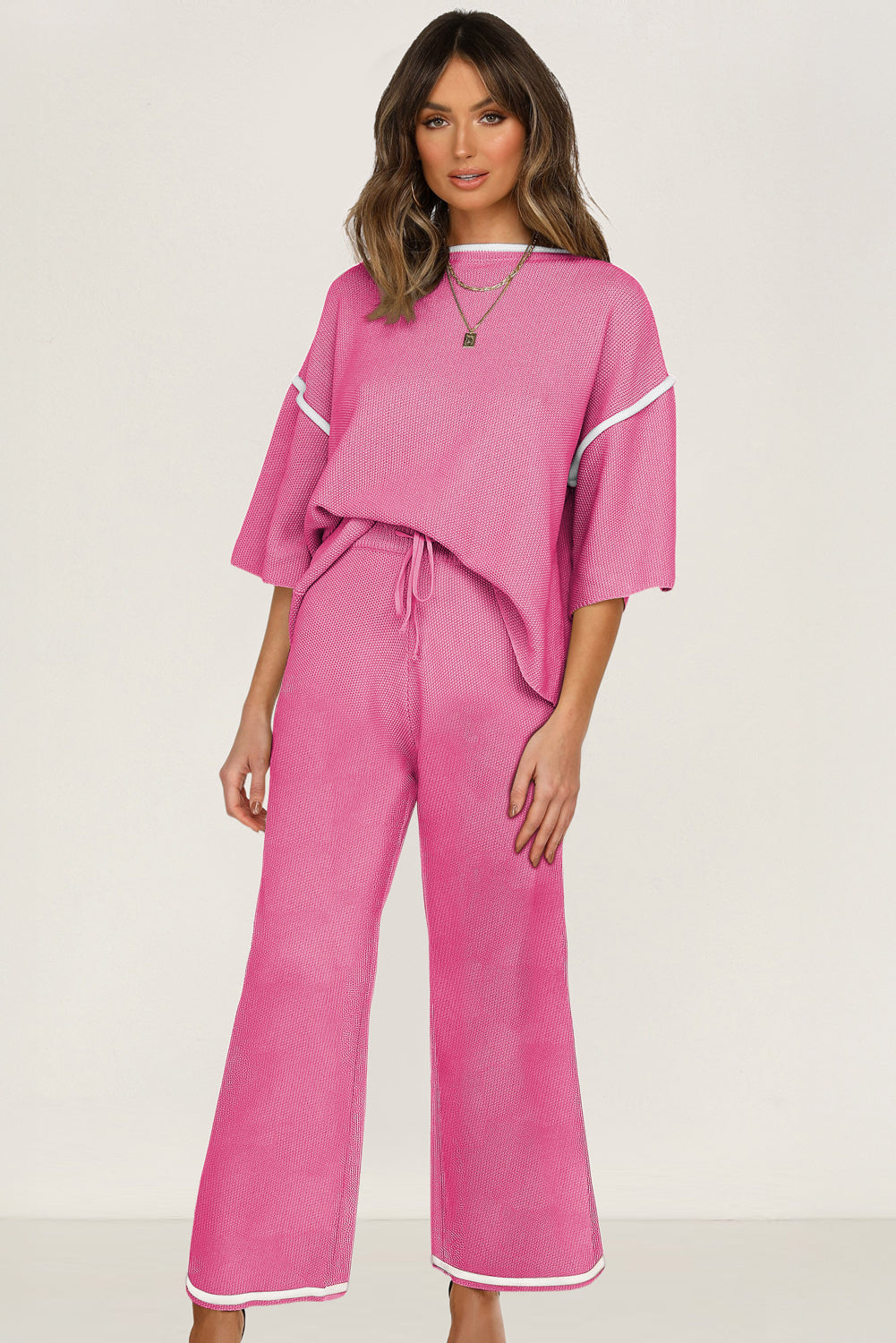 Contrast Trim Half Sleeve Top Drawstring Pants Loose 2pcs Sweater Suit