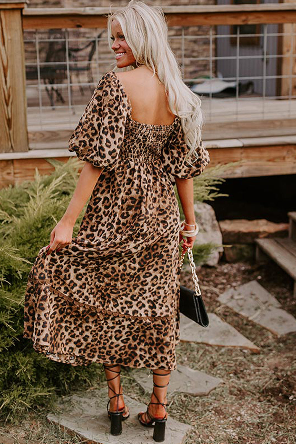 Leopard Print Bubble Sleeve Square Neck Maxi Dress