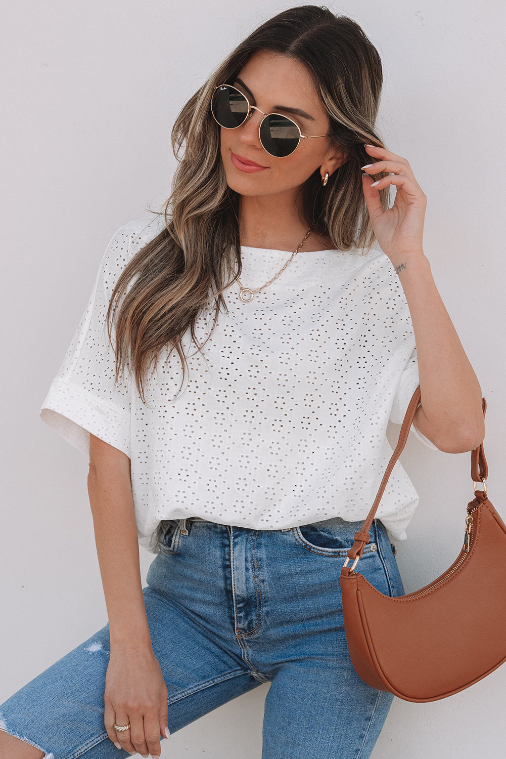 Eyelet Pattern Boat Neck Casual Tee
