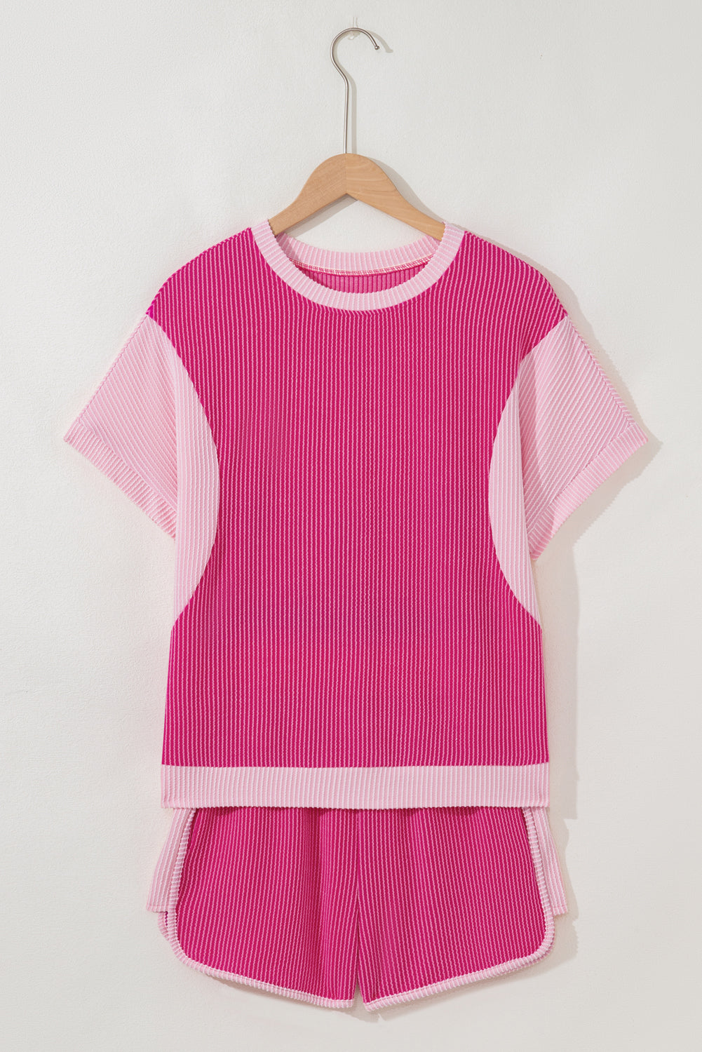 3D Spiral Ribbed Texture 2 Tones Patchwork Short Set