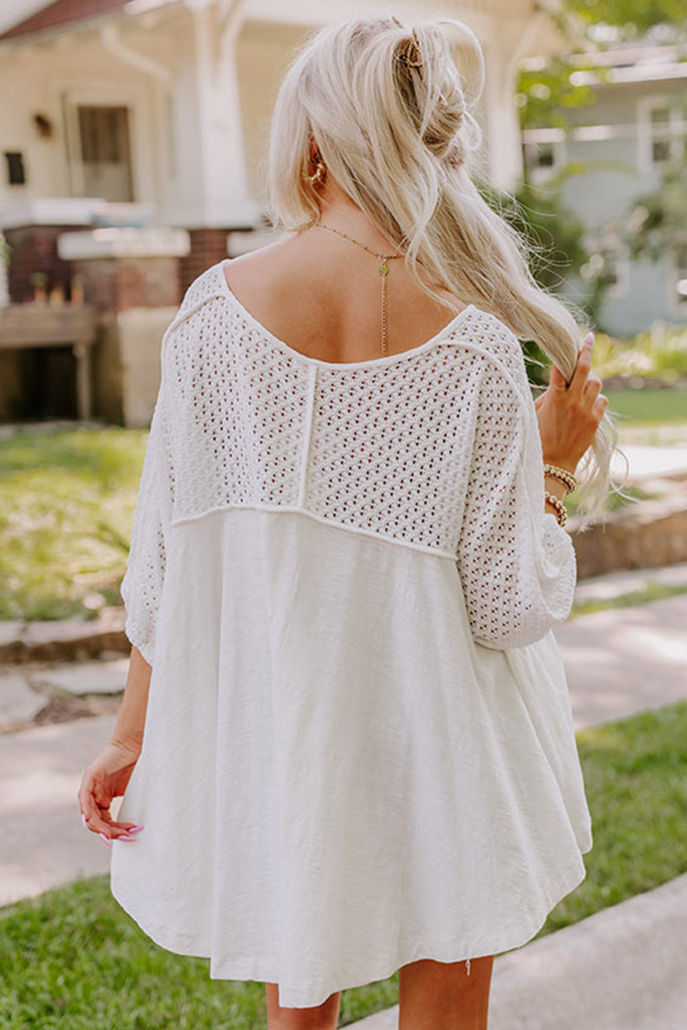Eyelet Patchwork High Low Hem V Neck Oversized Top