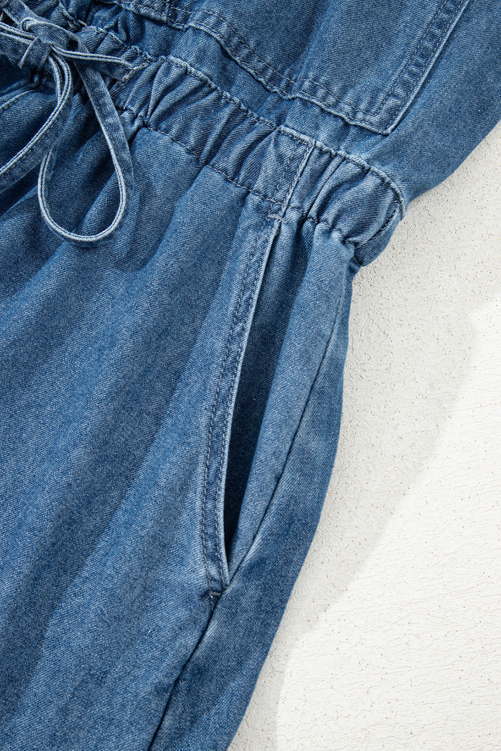 Buckle Straps Bib Style Drawstring Tied Backless Flared Denim Romper
