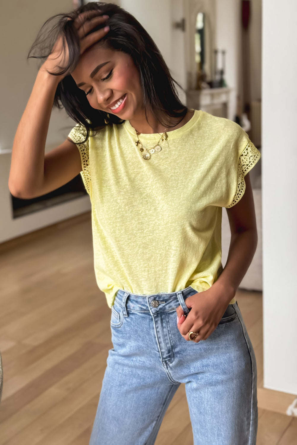 Lace Patchwork Cap Sleeve Round Neck T Shirt